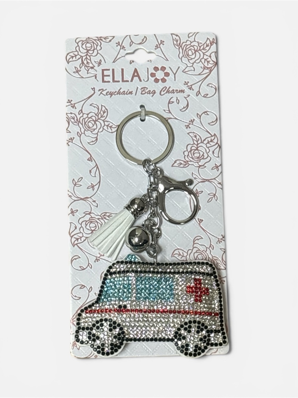 Ambulance Keychain Bag Charm- Ella White & Silver Rhinestone
